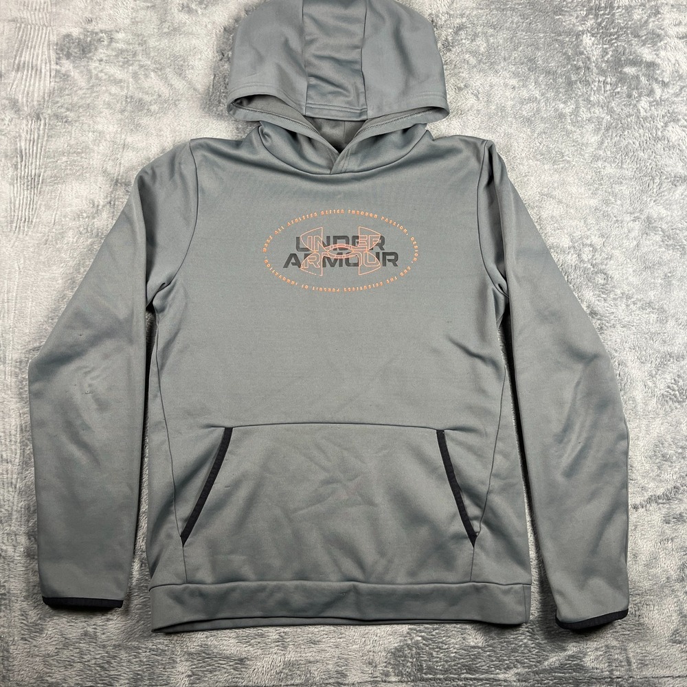 Under Armour ColdGear Hoodie Youth XL Gray Graphic Print Loose Fit Fleece Lined